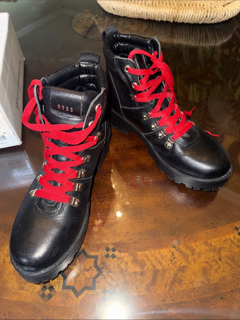 Steve Madden Black Leather Combat Boots with Red Laces